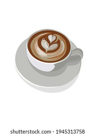 A cup of fresh coffee and a saucer. Design of menus, icons, and postcards. Morning invigorating realism, top and side view, cappuccino, Americano, espresso, latte. Isolated Vector Illustration