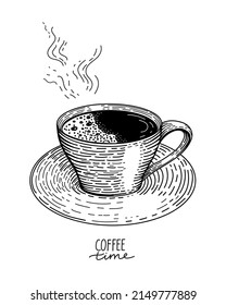 Cup of fresh coffee sketch graphic. Vintage vector illustration.