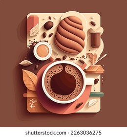 Cup of Fresh Coffee and snacks, Vector Illustration. Flat Style.