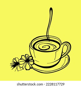 taza de café fresco. café con cuchara y flores.