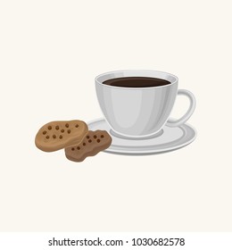 Cup of fresh coffee and two delicious cookies with chocolate chips. Sweet food and drink. Traditional breakfast. Good morning concept. Cartoon flat vector design
