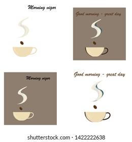 Cup of Fresh Coffee. Vector Illustration. Flat Style. Decorative Design for Cafeteria, Posters, Banners, Cards. set of four images with text and different backgrounds