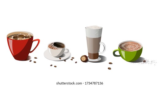 Cup of Fresh Coffee. Vector Illustration Set. Flat Style. Decorative Design for Cafeteria, Posters, Banners, Cards