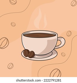 Tasse frischem Kaffee. Vektorgrafik. Flachstil. Dekoratives Design für Cafeteria, Poster, Banner, Karten, Kaffeebohnen