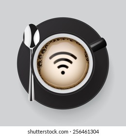 Cup of fresh coffee with wireless connection icon.