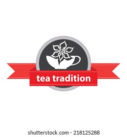 cup of fresh tea in a circle with ribbons. Vector sign.