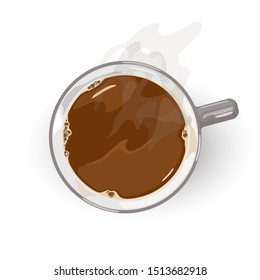 Cup of freshly brewed flavoured coffee. Hot rich drink in grey ceramic cup with smoke. Americano, Long Black or cocoa giving feeling of comfort, coziness. Vector cartoon isolated on white. Top view.