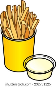 A cup of fries / chips with a side of dipping mayonnaise / aioli.