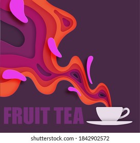 A Cup of fruit tea, in a paper cut-out style, from which there are waves of voluminous fragrant multi-colored steam and splashes of berry shades.