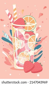 A cup of fruit tea with plants in the background, vector illustration