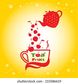 Cup fruit tea with strawberry teapot vector