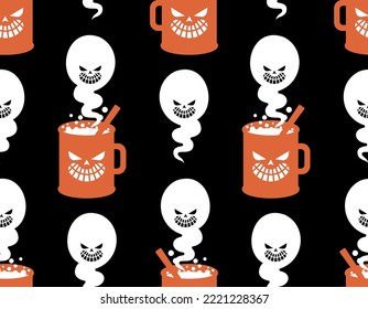 Cup and ghost Pattern seamless. Steam from mug is like phantom Background. halloween texture