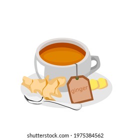 A cup of ginger juice with a sachet of ginger powder comes out on the side of the cup.Vector illustration isolated on white background.