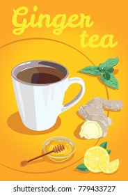 Cup of ginger tea with lemon, honey and mint. Vector illustration.
