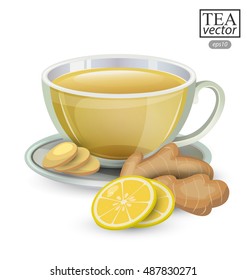 Cup of ginger tea with lemon isolated on white background. Vector illustration.
