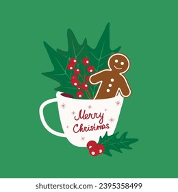 Cup with gingerbread man, leaves and berries, with the inscription Mary Christmas