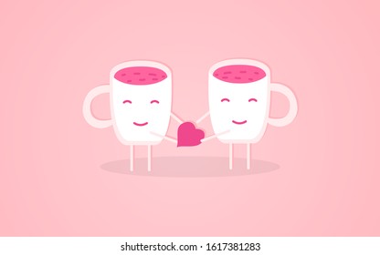 A cup gives a heart to another cup, doodle characters in love vector illustration on a pink background