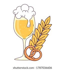 cup glass of beer, with pretzel and spike on white background vector illustration design