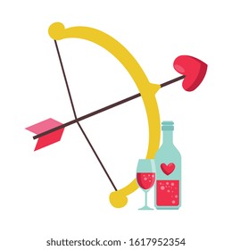 cup glass with bottle champagne and arch cupid isolated icon vector illustration design
