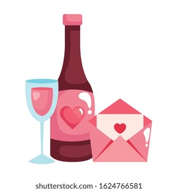 cup glass with bottle wine and envelope vector illustration design