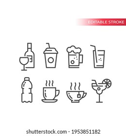 Cup and glass for cocktail, coffee and beer icon set. Wine bottle, glasses, water bottle line vector icons. Editable stroke.