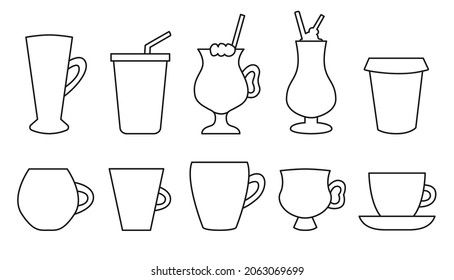 Cup and glasses with drink slow and high shape, line, outline contour icon set. Coffee drinks with straws, cups and plates isolated on white background. Design element for decoration