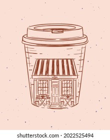 Cup to go a storefront of cafe drawing in vintage style on peach color background