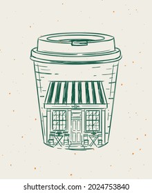 Cup to go a storefront of cafe drawing in vintage style on beige background