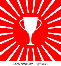 Cup, goble, bow, beaker icon. Vector. White icon on red sun with rays as background. Isolated.