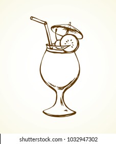 Cup goblet of cool brew coctail on white backdrop. Freehand line black ink hand drawn logo emblem design sketchy in art doodle cartoon engraving style pen on paper. Closeup view with space for text