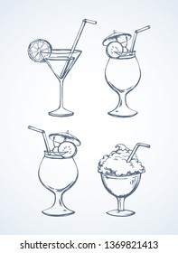 Cup goblet of cool brew coctail on white backdrop. Freehand line black ink hand drawn logo emblem design sketchy in art doodle cartoon engraving style pen on paper. Closeup view with space for text