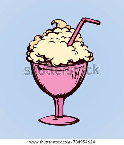 Cup goblet of cool fruit slushy coctail symbol on light blue backdrop. Gently pink color hand drawn mug logo emblem pictogram sketch in art doodle cartoon style. Closeup view with space for text