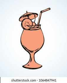 Cup goblet of cool red brew coctail on white backdrop. Freehand line black ink hand drawn logo emblem design sketchy in retro art doodle cartoon engraving style. Closeup view with space for text
