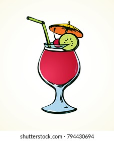 Cup goblet of cool scarlet brew quencher cocktail on light backdrop. Color hand drawn logotype emblem design sketch in modern art scribble cartoon comic graphic style. Closeup view with space for text
