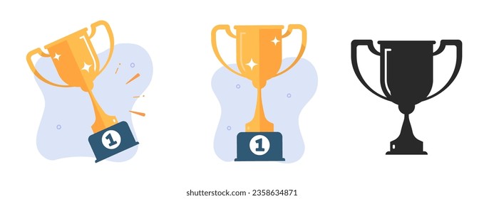 Cup gold trophy icon vector simple graphic black silhouette, flat golden yellow sport champion winner goblet 1 first place, victory game contest championship prize image clipart illustration set
