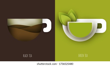 Cup of green and black tea. Abstract art composition in modern geometric papercut style. Minialistic concept design template for branding. Vector flat illustration.