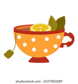 Cup of green or black tea with lemon and mint. Herbal tea drink in mug. Autumn and winter hot drink. Vector illustration isolated on white background.