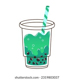 Becher aus grünem Milchtee mit Stock und Tapioka im flachen Stil einzeln auf weißem Hintergrund. Für Druck, Design, Poster