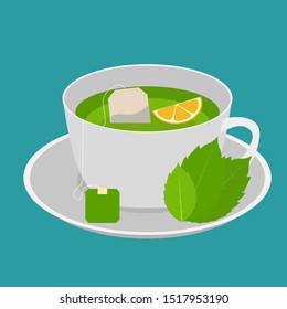 Cup with green mint tea and lemon in flat design. Vector Illustration EPS10