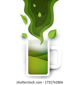 Cup of green tea. Abstract art composition in modern geometric papercut style. Minialistic concept design template for branding. Vector flat illustration.