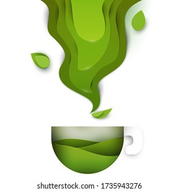 Cup of green tea. Abstract art composition in modern geometric papercut style. Minialistic concept design template for branding. Vector flat illustration.