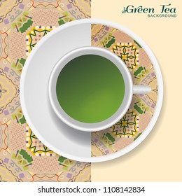 Cup of green tea with abstract geometric ornament on a saucer and seamless pattern. Business coffee break or tea time concept, interior background. Isolated cup and plate decor elements
