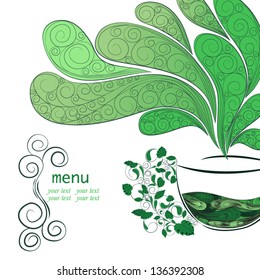 Cup with green tea and aroma. Design of the menu for restaurant