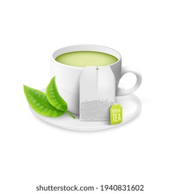 Cup of green tea with tea bag and leaves, realistic vector illustration isolated.