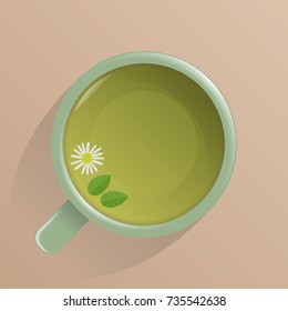 A cup with green tea, chamomile and mint leaves, top view. Vector image.