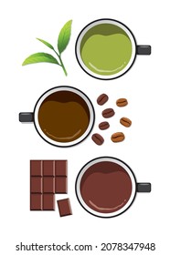 Cup of green tea ,Cup of coffee ,Cup of hot chocolate with tea leaf ,coffee beans and chocolate bar isolated on white background.