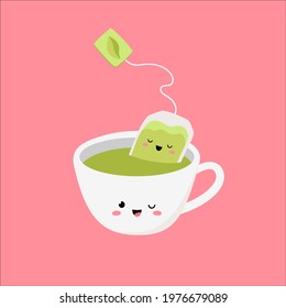 A cup with green tea and a disposable sachet. Cute character. Vector illustration. Image of joyful emotions.