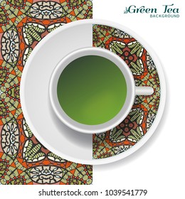 Cup of green tea with doodle ornament on a saucer and hand drawn seamless floral pattern. Business coffee break or tea time concept, interior background. Isolated cup and plate decor elements