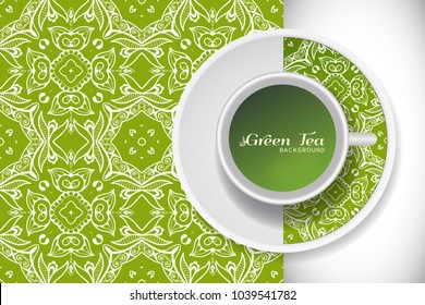 Cup of green tea with doodle ornament on a saucer and hand drawn seamless floral pattern. Business coffee break or tea time concept, interior background. Isolated cup and plate decor elements