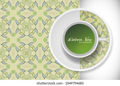 Cup of green tea with doodle ornament on a saucer and hand drawn seamless floral pattern. Business coffee break or tea time concept, interior background. Isolated cup and plate decor elements